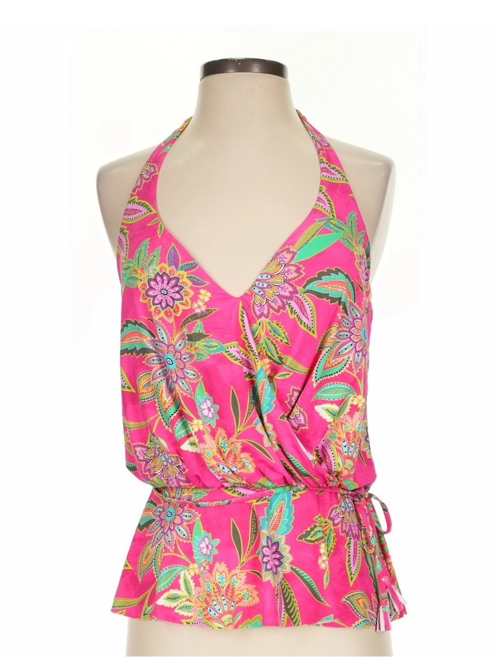 Johnny Was California Pink Floral Paisley Halter Top Halter Peplum Wrap Tie Neck
